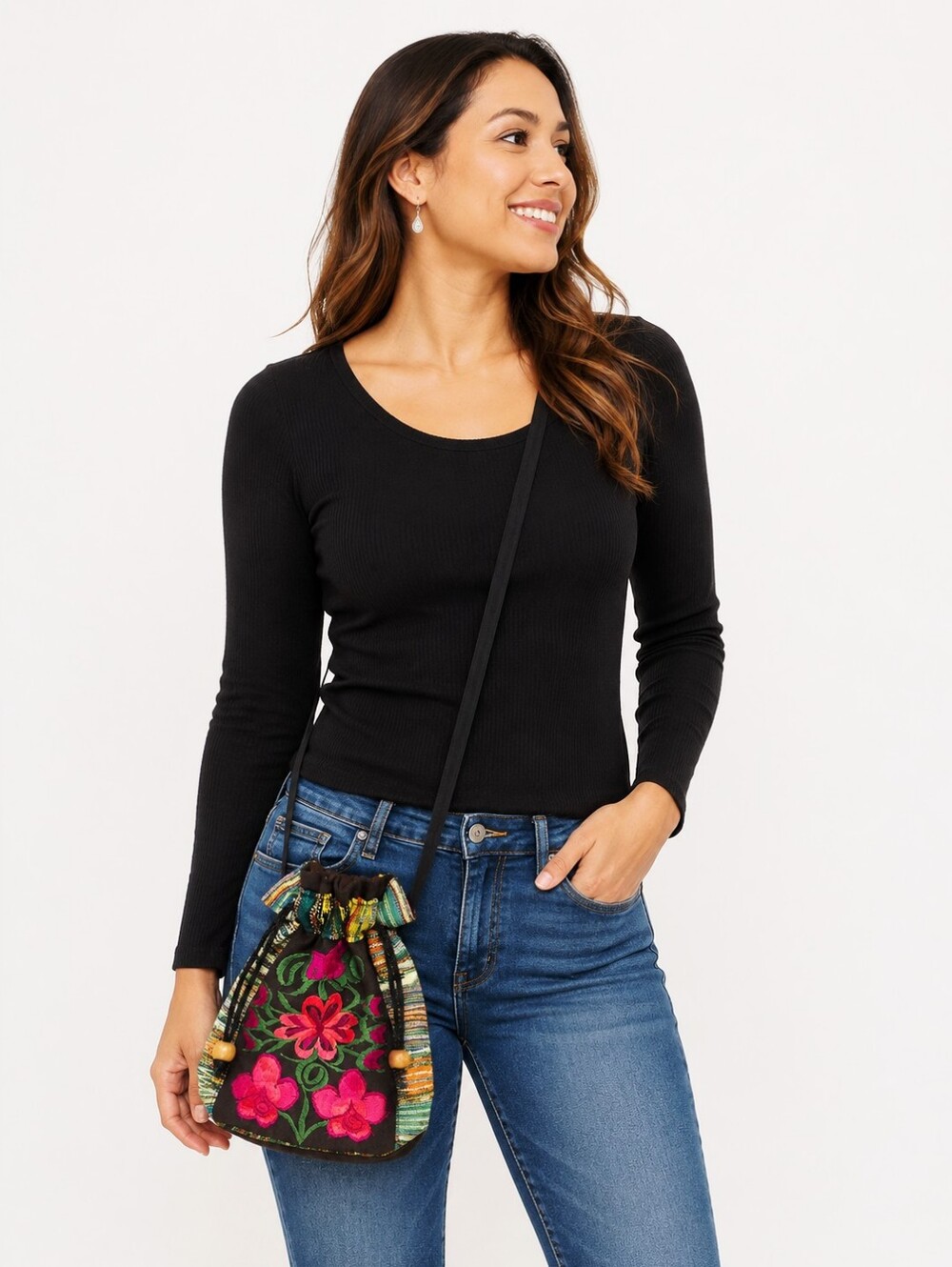 Mexican Artisan Colorful Embroidered Drawstring Bag